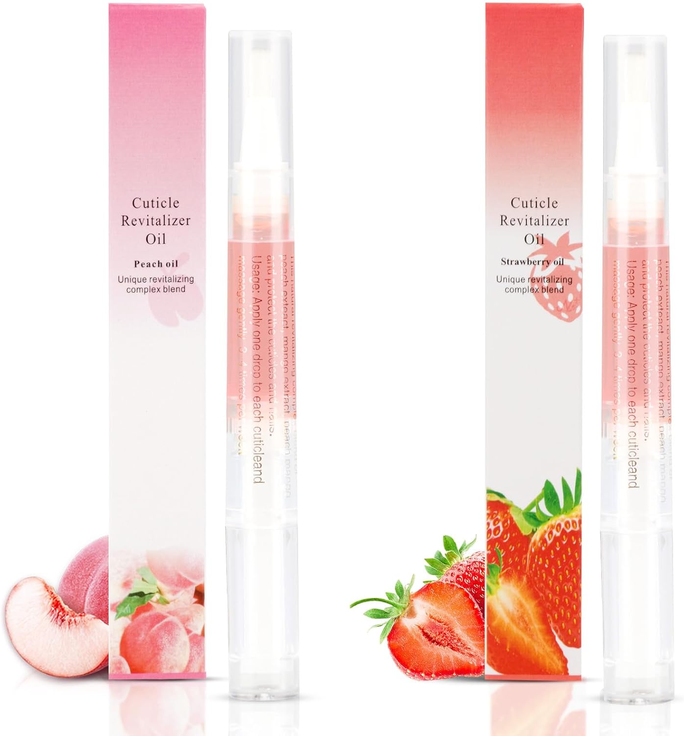 Meschett 2PCS Cuticle Oil Pens for Nail Care, Moisturizing Nail Oil Pen with Soft Brush, Hydrating Cuticle Oil for Dry Nails & Cuticles (Peach & Strawberry Flavors)