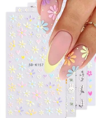 Flower Nail Stickers for Nail Art Colorful Nail Decals for Women | 5D Embossed Flower,Self Adhesive,Spring Summer,Daisy,3D Nail Design Decoration