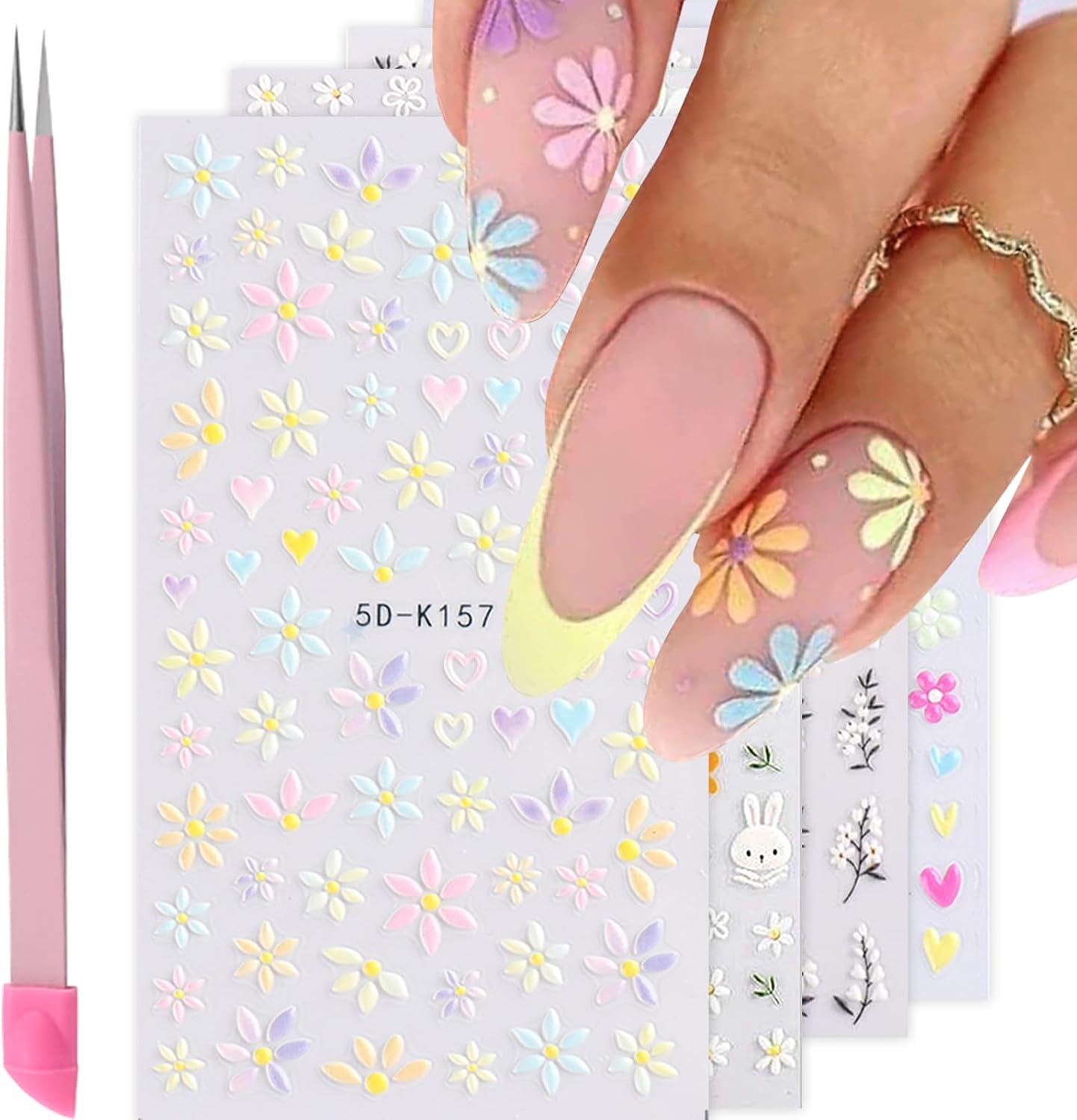 Flower Nail Stickers for Nail Art Colorful Nail Decals for Women | 5D Embossed Flower,Self Adhesive,Spring Summer,Daisy,3D Nail Design Decoration