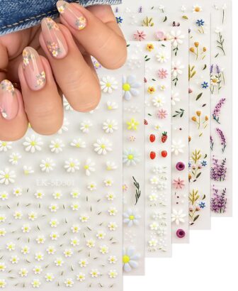 Flower Nail Art Stickers Daisy Nail Decals for Women | 5D Embossed Flower, Self Adhesive, Spring Summer Daisy Lavender Design, 3D Nails Decoration