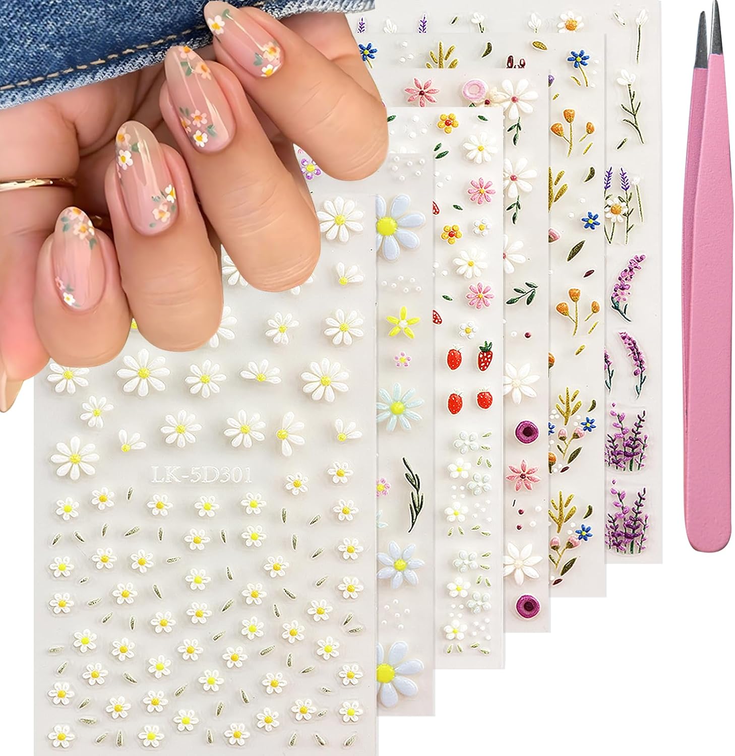 Flower Nail Art Stickers Daisy Nail Decals for Women | 5D Embossed Flower, Self Adhesive, Spring Summer Daisy Lavender Design, 3D Nails Decoration