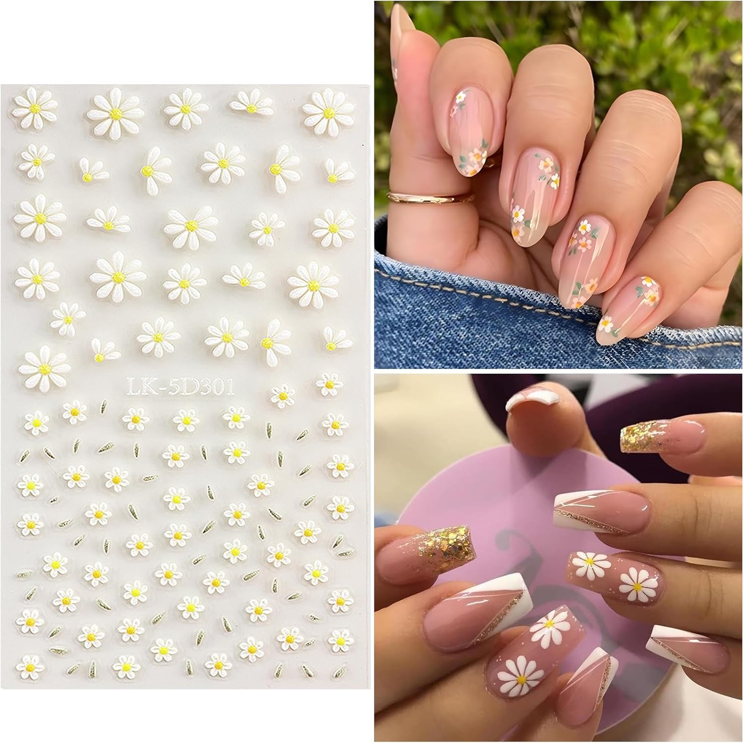 Flower Nail Art Stickers Daisy Nail Decals for Women | 5D Embossed Flower, Self Adhesive, Spring Summer Daisy Lavender Design, 3D Nails Decoration - Image 2