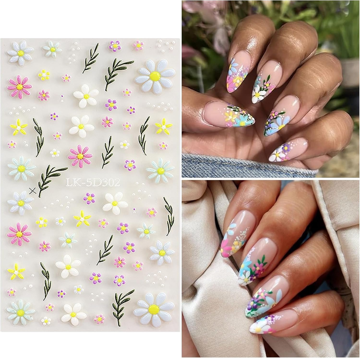 Flower Nail Art Stickers Daisy Nail Decals for Women | 5D Embossed Flower, Self Adhesive, Spring Summer Daisy Lavender Design, 3D Nails Decoration - Image 3
