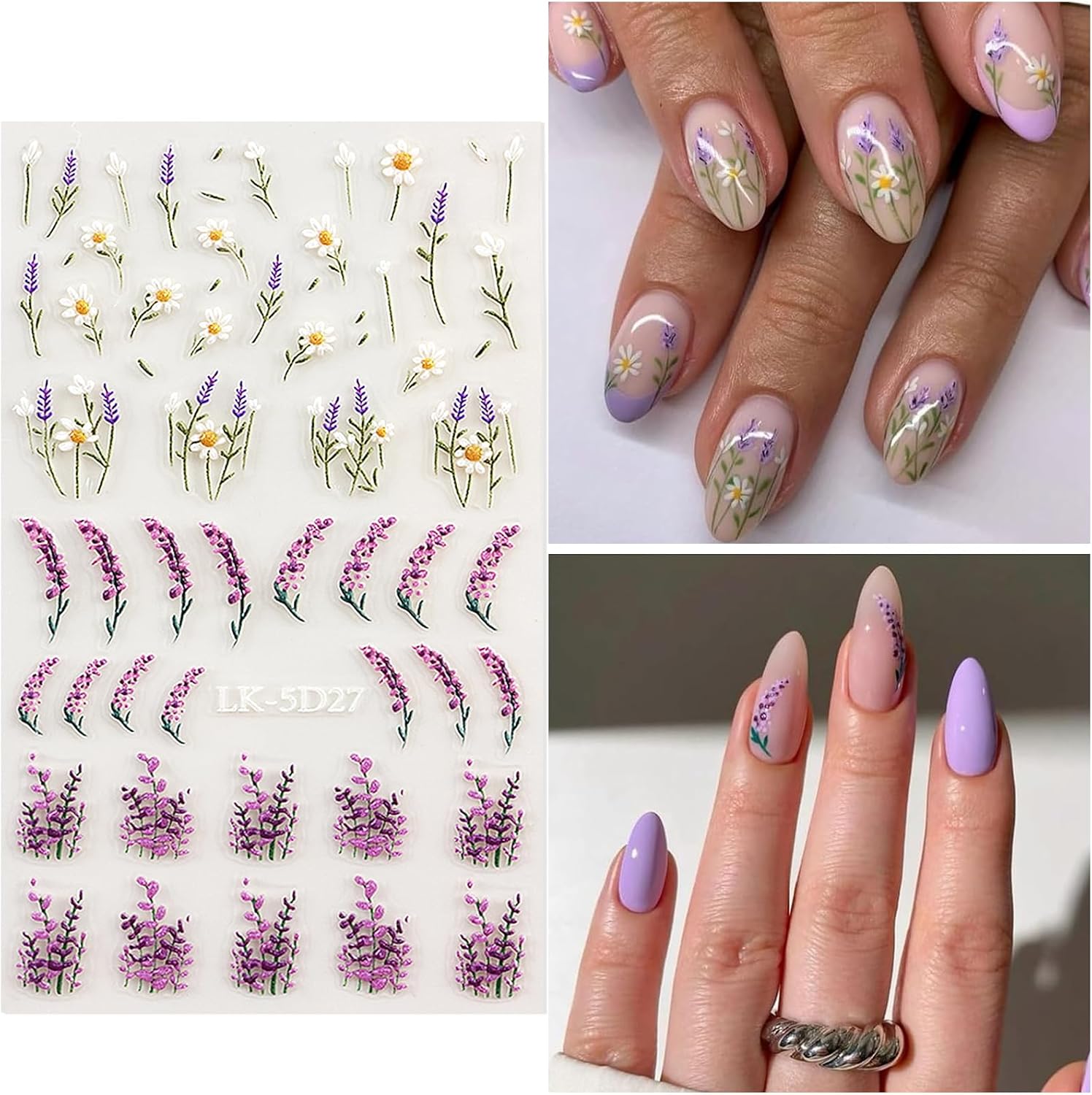 Flower Nail Art Stickers Daisy Nail Decals for Women | 5D Embossed Flower, Self Adhesive, Spring Summer Daisy Lavender Design, 3D Nails Decoration - Image 5
